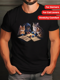 Men's T-Shirt Three Playful Cats Around Game Dice And Adventure Books