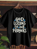 Women's T-Shirt God Listens To Our Prayers Playful Flowers And Lettering Black T Shirt