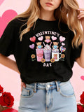 Women's T-Shirt Valentines Day Three Milkshakes With Cute Cartoon Monkeys Sunflowers And Hearts