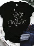 Women's T-Shirt Shimmering Heart Note Design With Sparkling Cursive Music Text T Shirt