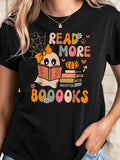 Women's T-Shirt Read More Booooks With Cute Ghost Holding Book And Pumpkin
