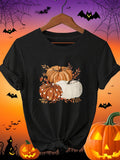 Women's T-Shirt Autumn Leaves And Dotted Orange White Pumpkins Trio Pumpkin