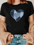 Women's T-Shirt Patchwork Blue Shapes Collaged With Stitched Denim Heart