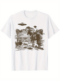Men's T-Shirt Vintage Cowboy In Rocky Mountains With Grazing Animals And Mysterious Ufo