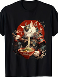 Men's T-Shirt Samurai Cat Enjoying Ramen Under Red Rising Sun