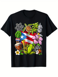Men's T-Shirt Colorful Tropical Instruments With Hibiscus Palm And Vibrant Island Flag