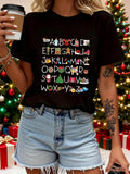 Women's T-Shirt Colorful Holiday Alphabet Letters With Festive Motif Accents On Black T Shirt