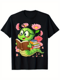 Men's T-Shirt Cheerful Cartoon Bookworm Surrounded By Pink Flowers And Stacked Books