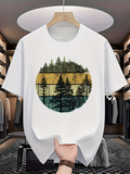 Men's T-Shirt Vintage Forest Landscape With Sun Rays In Circular Art Tree