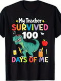 Men's T-Shirt My Teacher Survived One Hundred Days Of Me With School Supplies And Cartoon Dinosaur