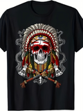 Men's T-Shirt Smoky Feathers With Ornamental Details Surrounding Tribal Headdress Skull