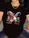 Women's T-Shirt Cozy Garden Bench With Playful Colorful Hats On Cartoon Gnomes
