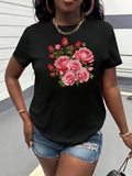 Women's T-Shirt Blooming Pink Roses With Lush Green Leaves Centerpiece Flower
