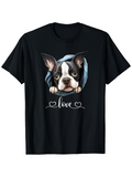 Men's T-Shirt Love Hand Drawn Blanket Heart Accents With Cute Boston Terrier Dog