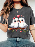 Women's T-Shirt Adorable Fluffy Birds With Red Hearts Sitting On Branch