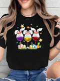 Women's T-Shirt Spring Eggs With Bunny Eared Glasses Easter Chick And Colorful Flowers