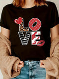 Women's T-Shirt Love Patterned Letters With Animal Print And Red Lip