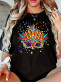 Women's T-Shirt Colorful Feathers And Confetti Surrounding A Festive Masquerade Mask