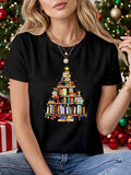 Women's T-Shirt Holiday Stacked Colorful Books Arranged As Festive Christmas Tree