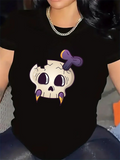 Women's T-Shirt Cartoon Purple Bow With Cracked Cute Skull Illustration