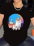 Women's T-Shirt Fluffy Cat Sitting Among Colorful Shapes And Russian Architecture Cat