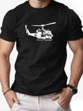 Men's T-Shirt Detailed White Line Illustration Of Helicopter Centered On Classic Black Shirt Helicopter