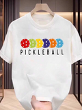 Men's T-Shirt Colorful Dotted Balls Lined Up Under Black Pickleball Lettering