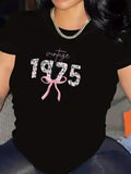 Women's T-Shirt Vintage Handwritten Letters Pink Bow With Floral Patterned Number 1975