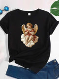 Women's T-Shirt Golden Wings Resting Angel On Soft White Clouds Cherub