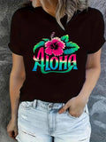 Women's T-Shirt Aloha Vibrant Tropical Leaves With Pink Hibiscus Flower