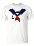 Men's T-Shirt Nautical Ribbon With Red Scarf And Blue Striped Collar Anchor