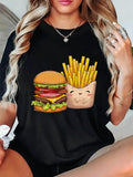 Women's T-Shirt Smiling Cartoon French Fries Next To Delicious Juicy Cheeseburger Black T Shirt