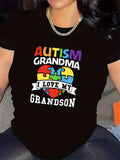 Women's T-Shirt Autism Grandma Colorful Puzzle Heart With Loving Banner Grandson