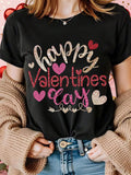 Women's T-Shirt Happy Valentines Day With Pink Glitter Hearts On Black Tee