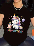 Women's T-Shirt Happy Birthday Cute Unicorn Party Balloon And Cake Under Festive Stars
