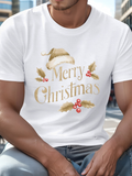 Men's T-Shirt Golden Festive Leaves With Christmas Hat Over Merry Christmas