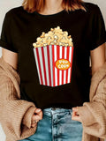 Women's T-Shirt Striped Red Box Filled With Popped Corn Among Crunchy Movie Snacks Popcorn