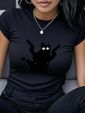 Women's T-Shirt Shadowy Black Cat With White Eyes Holding Pistols Cat