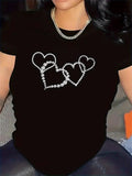 Women's T-Shirt Pearl Embellished Chain Style Hearts On Black Tee