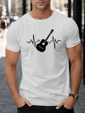 Men's T-Shirt Black Guitar Among Vibrant Pulse Lines On White Shirt
