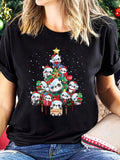 Women's T-Shirt Playful Pandas Wearing Santa Hats Amid Holiday Christmas Tree