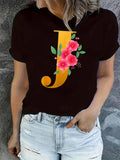 Women's T-Shirt Golden Floral Accents With Vibrant Pink Blossoms Surrounding Letter J