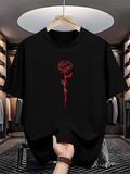 Men's T-Shirt Minimalist Red Outline Rose On Solid Black Tee