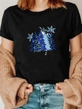 Women's T-Shirt Winter Night Forest With Blue Stars And Snow Covered Trees