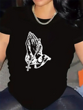 Women's T-Shirt Detailed Art With Rosary Wrapped Praying Hands