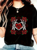 Women's T-Shirt Gothic Roses With Skeleton Hands Embracing A Blooming Red Heart Rose