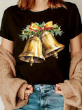 Women's T-Shirt Festive Golden Bells With Red Ribbon Among Pine Leaves Bell