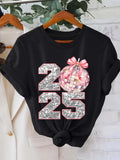 Women's T-Shirt Sparkling Silver Numbers With Pink Bow Festive Disco Ball