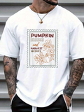 Men's T-Shirt Pumpkin Kisses And Harvest Wishes Surrounded By Autumn Leaves With Pumpkins