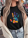 Women's T-Shirt Splattered Rainbow Colors With Artistic Mark And Abstract Handprint Hand